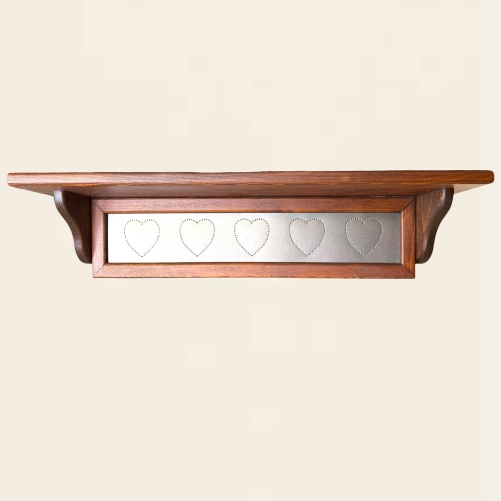 Vintage Style Wood Wall Shelf Punched Tin Hearts Plate Farmhouse Cottagecore